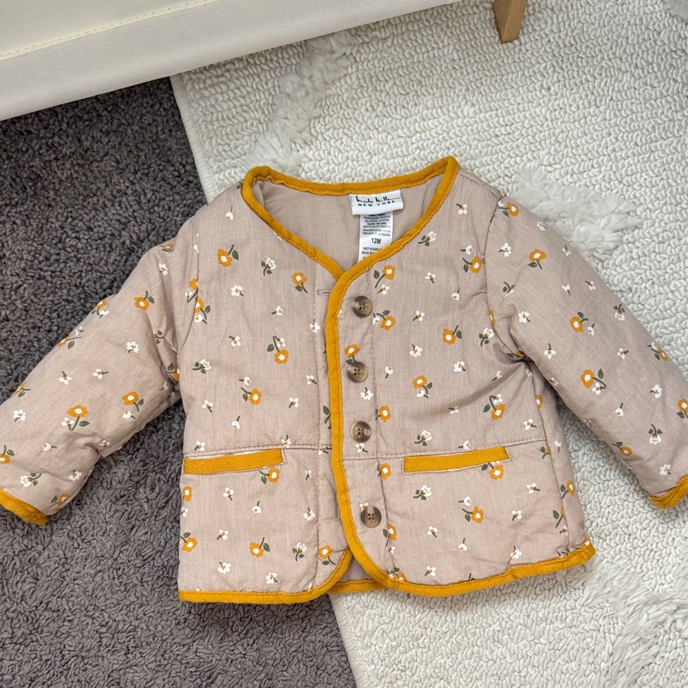 Nicole Miller Beige Floral Puffer Jacket with Mustard Trim